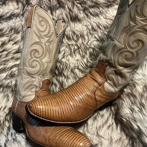 Men's Dan Post LIZARD & LEATHER Western Boots in Tan Brown & Cream Sz 10 D